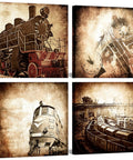 Four Piece Old Train Canvas Wall Art Set With Brown Locomotive Retro Steam Painting Vintage Vehicle Poster Oil Painting Artwork