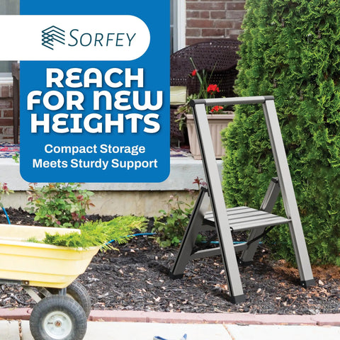 One Step Folding Aluminum Ladder Lightweight Ultra Slim Profile With Anti Slip Steps Portable For Home Office Kitchen And Photography Use Dope For Cleaning Painting And DIY Projects. Compact one-step aluminum ladder in a garden beside a wheelbarrow.