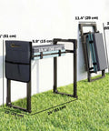 330 Pound Heavy Duty Garden Kneeler And Seat With Foldable Frame Extendable Legs Thick Kneeling Pad Large Tool Pouch Must Have Sit Or Kneel Stool For Gardeners Seniors Women And Men shown folded against a wall on grass
