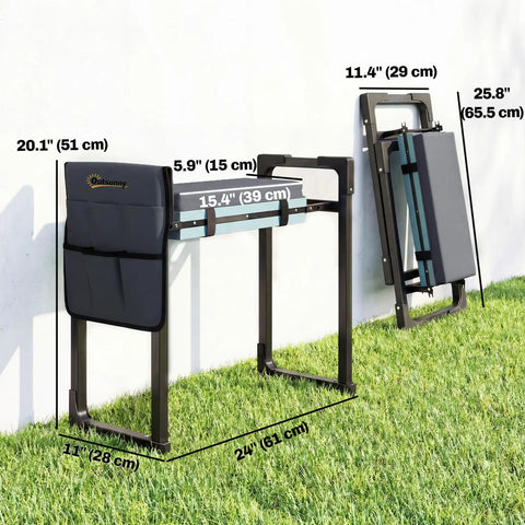 330 Pound Heavy Duty Garden Kneeler And Seat With Foldable Frame Extendable Legs Thick Kneeling Pad Large Tool Pouch Must Have Sit Or Kneel Stool For Gardeners Seniors Women And Men shown folded against a wall on grass