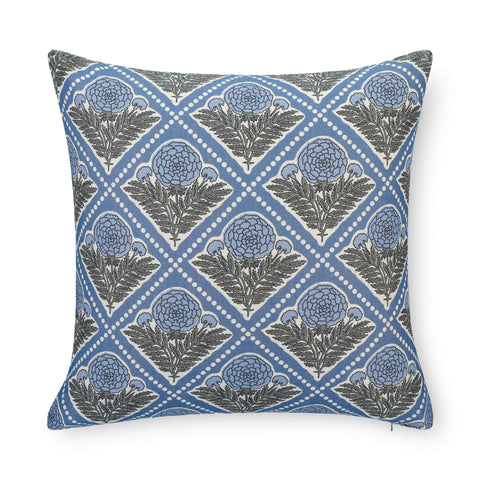 Azure Blue Hydrangea Block Print Throw Pillow Cover 20x20 Indoor Outdoor Water Repellent For Patio Backyard And Couch With Invisible Zipper And Linen Blend Cozy Vibe Finish, front view