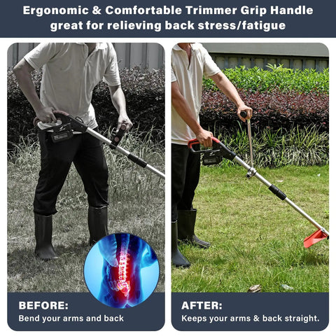Ergonomic Trimmer Grip With Shoulder Strap Harness improving posture for string trimmers and weed eaters, reducing back strain.