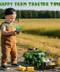 Child playing with Awesome Realistic RC Farm Tractor Toy With Front Loader And Trailer, Lights And Music in a field