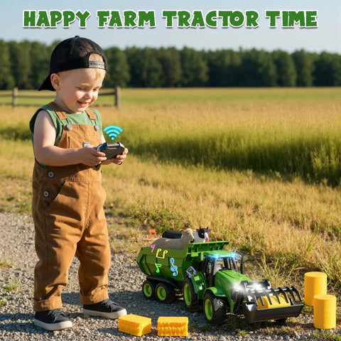 Child playing with Awesome Realistic RC Farm Tractor Toy With Front Loader And Trailer, Lights And Music in a field