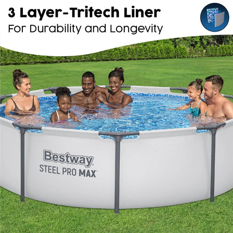 Premium Round Above Ground Swimming Pool 10 Foot Diameter 30 Inch Depth Steel Frame Build with family enjoying summer.