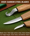 Hella Sharp And Tough Left Handed Wood Carving Knife Set Sloyd Spoon Blades showing high-carbon steel blades and ash wood handles.