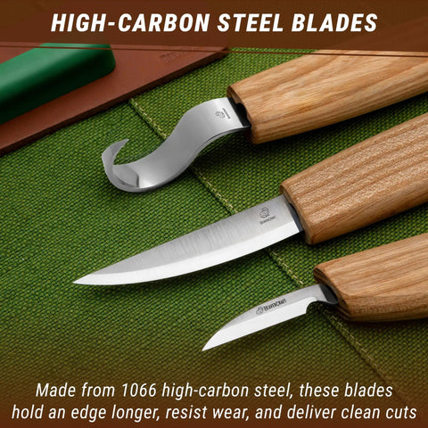 Hella Sharp And Tough Left Handed Wood Carving Knife Set Sloyd Spoon Blades showing high-carbon steel blades and ash wood handles.