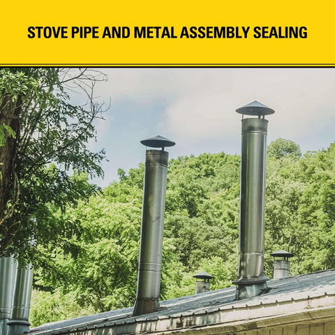 Stainless steel chimney pipes on a rooftop, surrounded by trees, for stove pipe and metal assembly sealing.