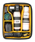 Interior view of camera gear organized in 35L Hiking Camera Backpack With Removable Inner Insert For Pro DSLR With Grip And Five To Six Lenses Up To 300Mm F2.8 Or One Hundred Fifty To Six Hundred Millimeter Carries 15 Inch Laptop And 10 Inch Tablet Dual Tripod Carry Top Daypack Green.