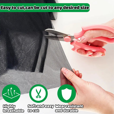 Person cutting 10 X 50 Ft Mosquito Mesh Screen For Patio And Garden, Bird And Bug Barrier Netting To Protect Vegetables And Fruits