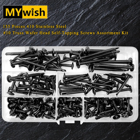 Top Shelf Black Truss Head Self Tapping Screw Kit With Assorted Lengths Half Inch To Two Inches. 155 stainless steel screws in assorted sizes.