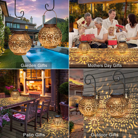 Two Pack Solar Lanterns Outdoor Waterproof Bronze Moon Star Sun Design Lights For Balcony And Yard Creates Cozy Romantic Vibes