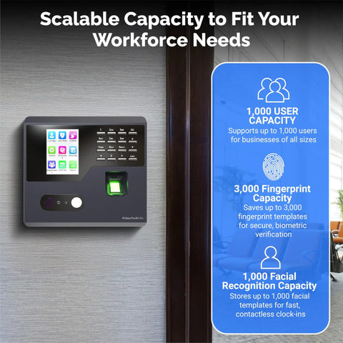 No Sweat Time Clock Terminal For Small Business Crews With Dead Simple WiFi Access Zero Monthly Charges Bulletproof Punch Tracking And Auto Reports That Keep Daily Grind Slick, wall-mounted time clock with biometric features.