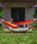 Fade Resistant Brazilian Hammock With Solid Pine Arc Stand for Indoor Outdoor Chill Out Relaxation, 450 lb capacity