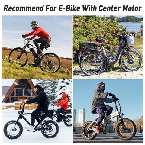 Collage of four e-bikes showing various models in different outdoor settings, suitable for center motor recommendation.