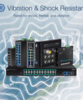 Industrial 5-Port Fast Ethernet DIN Rail Switch shown with IP50 rugged design, vibration and shock resistance emphasized.