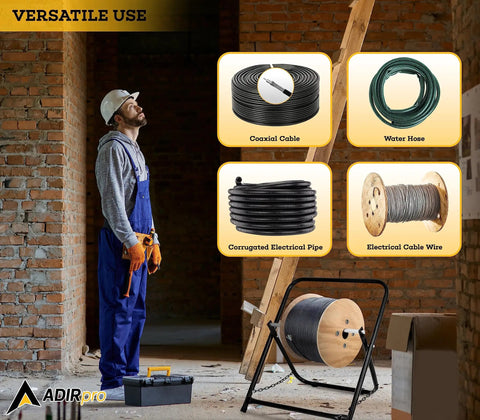Single Axle Cable Reel Caddy Built To Last Heavy Duty Industrial Steel Wire Dispenser Holds Reels Up To Twenty Inch Diameter And One Hundred Pound Capacity Black With Rugged Finish For Tough Worksites shown in use on a construction site.