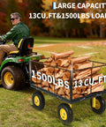 Heavy Duty Steel Garden Cart With 1500 Lb Capacity 3 In 1 Utility Wagon hitched to a tractor, loaded with firewood