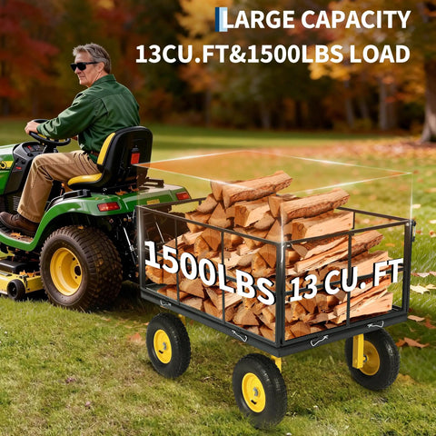Heavy Duty Steel Mesh Garden Cart 1500 Lb Load, filled with firewood, attached to tractor, large capacity, autumn background