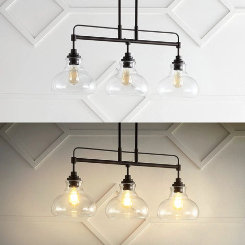 Oil Rubbed Bronze 3 Light Linear Pendant With Iron And Glass, Farmhouse Industrial Kitchen Island Light, unlit and lit views