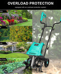 Electric Rototiller Garden Tiller With 12 Inch Tilling Width And 8 Inch Cutting Depth, 10.5 Amp Cultivator shown with garden settings