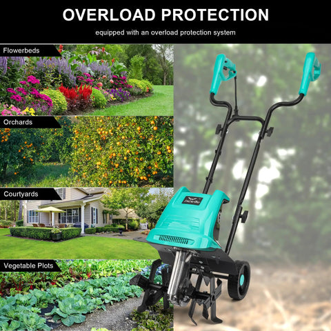 Electric Rototiller Garden Tiller With 12 Inch Tilling Width And 8 Inch Cutting Depth, 10.5 Amp Cultivator shown with garden settings