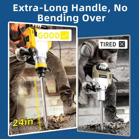 24 Inch SDS Plus Demolition Chisel Set With 1 Inch Flat, Point And 3 Inch Scaling Chisels For Tile Removal, showing use and comfort