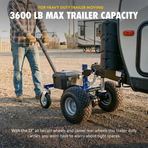 Heavy Duty Goodyear Electric Trailer Dolly 3600 Lbs Capacity With Powerful 24 Volt 800W Motorized Design, featuring 13" all-terrain wheels for easy maneuvering.
