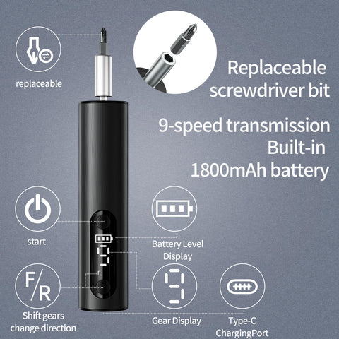 Cordless Magnetic Screwdriver Kit With Wireless Charging And Precision Bits For Electronics Phone And Watch Repair DIY Home Projects A Multi Functional Mini Tool For Tech Pros And DIYers showing 9-speed levels and replaceable bit