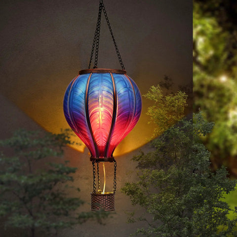 Blue Purple Hot Air Balloon Solar Lantern For Garden Decor Lit Flickering Flame Hanging Outdoor Light For Yard Porch Tree Party