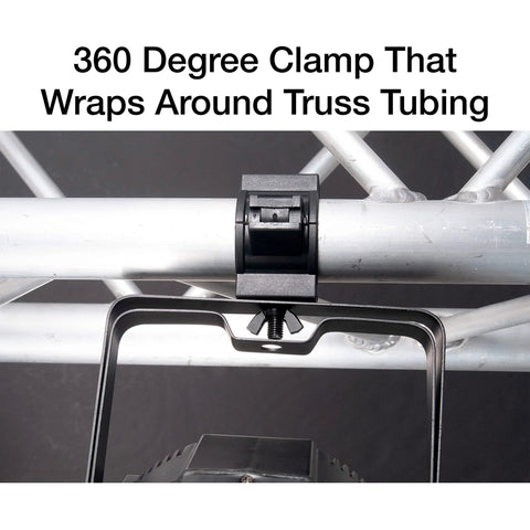 Side view of ADJ O-clamp 1.5-inch plastic clamp wrapped around a metal truss tube for 360-degree mounting