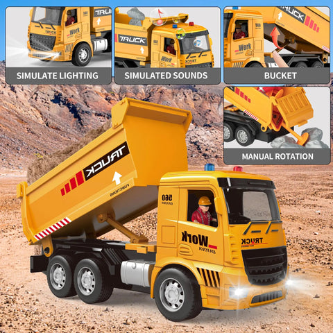 RC Construction Vehicle Set With Excavator And Dump Truck Includes Barricades Road Signs Simulated Rocks Lights And Sounds Kid Tested Dual Remote Controls A Fun Birthday Gift For Kids Ages 3 Through 12 Boys And Girls. The image shows a detailed toy dump truck with lighting and sound features.