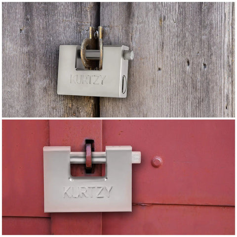 Heavy Duty 1kg Padlock With 5 Keys, Hardened Chrome Steel Monoblock Lock, 12mm Thick Shackle securing a wooden gate