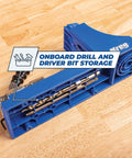 Pocket Hole Jig System With R3 Jig Drilling Guide And Dust Collection Pro Grade shown with onboard drill and driver bit storage.
