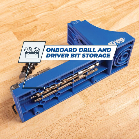 Pocket Hole Jig System With R3 Jig Drilling Guide And Dust Collection Pro Grade shown with onboard drill and driver bit storage.