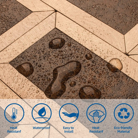 Peel And Stick Kitchen Backsplash Tiles Set 10.24 By 10.31 Inches, Adhesive Metal Copper Look, shown with water resistance feature.
