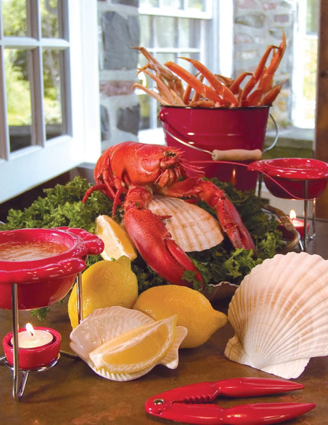 Seafood Shell Cracker And Picks Set, 5 Piece, shown with lobster, shells, lemons, and dipping sauce in a kitchen setting.