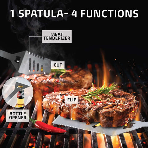 Stainless steel spatula with meat tenderizer, cutting, flipping, and bottle opener functions grilling steaks on BBQ