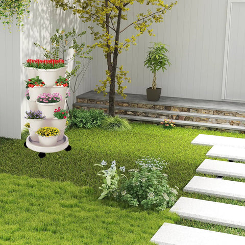 5-Tier Vertical Garden Tower Stackable Planter For Strawberries, Flowers, Vegetables And Herbs In Beige in outdoor setting
