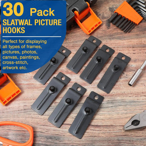 30 Pcs Metal Slatwall Hooks, 3 Inch Notch Hooks, Built Tough Heavy Duty Commercial Grade For Slatwall, Pegboard And Picture Frames Displays, Hang Photos, Art, Frames And Accessories, Black Finish on wooden surface with tools
