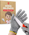 Kids Cutting Gloves XS 8-12 Years - Food Grade Safety, Level 5 Cut Protection shown with box and child using a knife safely