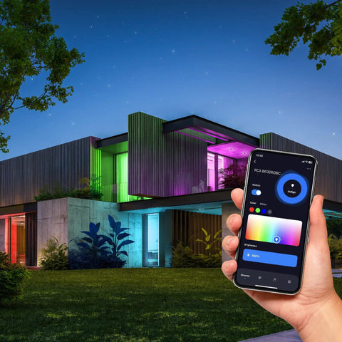 Hand holding smartphone controlling 24 Pack WiFi Smart LED Light Bulbs Color Changing RGB Dimmable illuminating modern house