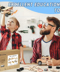 Father and son assembling Six In One Wooden STEM Car Building Kit With Solar Helicopter And Wind Powered Car For Kids Ages 8 To 14 Learn Engineering Principles Hands On Fun Birthday Gift