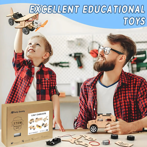 Father and son assembling Six In One Wooden STEM Car Building Kit With Solar Helicopter And Wind Powered Car For Kids Ages 8 To 14 Learn Engineering Principles Hands On Fun Birthday Gift