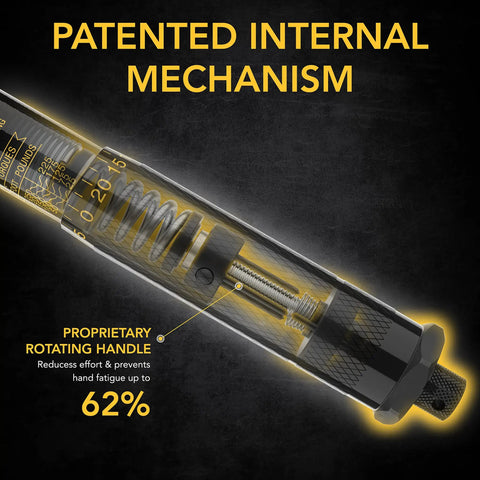 Close-up of the Half-Inch Drive Click Torque Wrench's patented internal mechanism and rotating handle design.