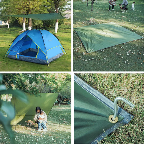Waterproof Camping Tarp Footprint Ground Cloth Shelter Rain Fly For Outdoor Gear 5x7 Ft, Army Green setup with hammock