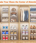Game Changer Six Pack Clear Shoe Organizers With Snappy Magnetic Doors And Fully Stackable Build For Dead Simple Closet Tidy Up Under Bed Or Garage Storage with various shoes in a closet.