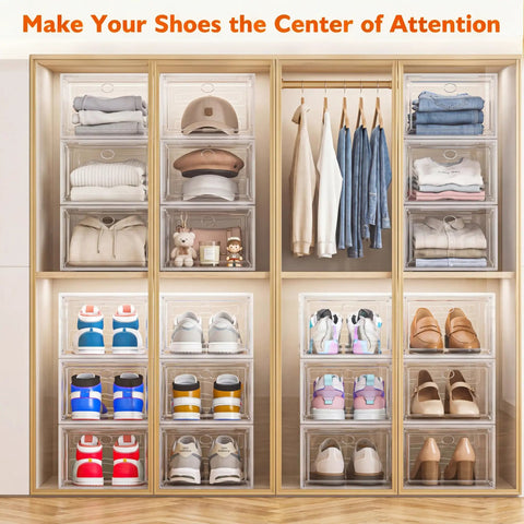 Game Changer Six Pack Clear Shoe Organizers With Snappy Magnetic Doors And Fully Stackable Build For Dead Simple Closet Tidy Up Under Bed Or Garage Storage with various shoes in a closet.