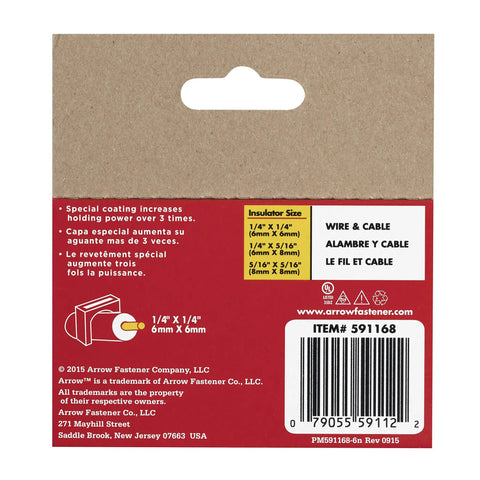 Back of packaging for Clear Insulated Cable Staples With 1 Quarter Inch Crown For Easy Data Cabling Install, item #591168