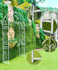 White Wedding Garden Arch Arbor With Curved Metal Archway For Climbing Plants Roses And Vines Backyard Patio Lawn Outdoor Ceremony Ready To Stand Up To Wind Heavy Duty Iron Frame With Powder Coating Anti Rust And Easy Setup showing intricate details.